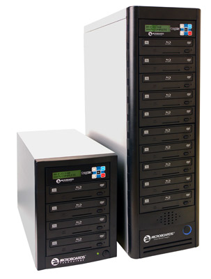 Microboards Blu-ray Tower Duplicator with 4 or 10 target drives.