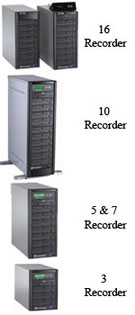 Microboards Copywriter tower duplicators with 3, 5 ,7 , 10 or 16 recorders.